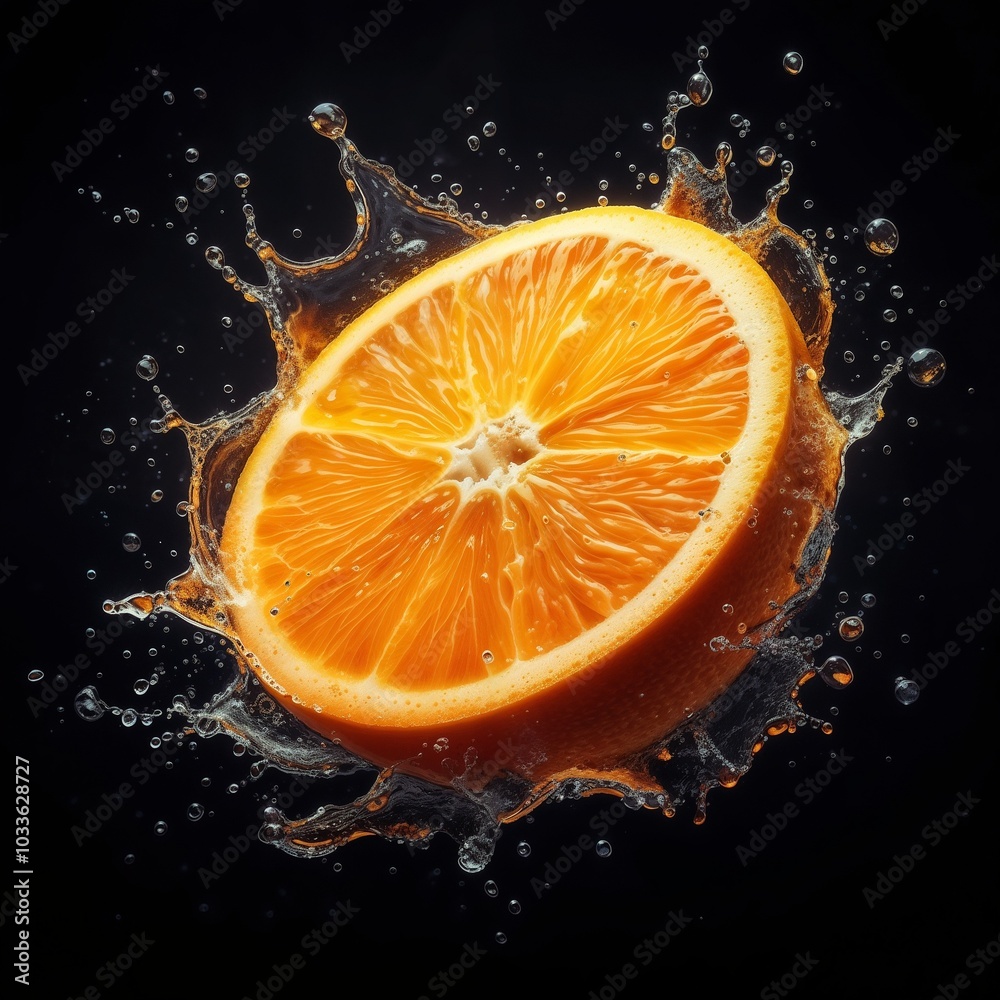 Vibrant orange slice splashing in water with droplets against a black background Vibrant orange slice splashing in water with droplets against a black background
