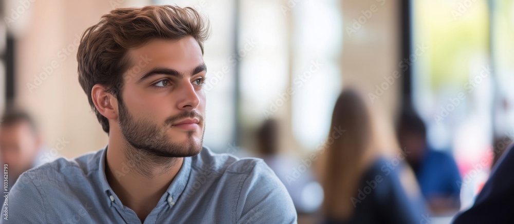 Young man with thoughtful expression in cafe setting, blurred background, natural light Young man with thoughtful expression in cafe setting, blurred background, natural light