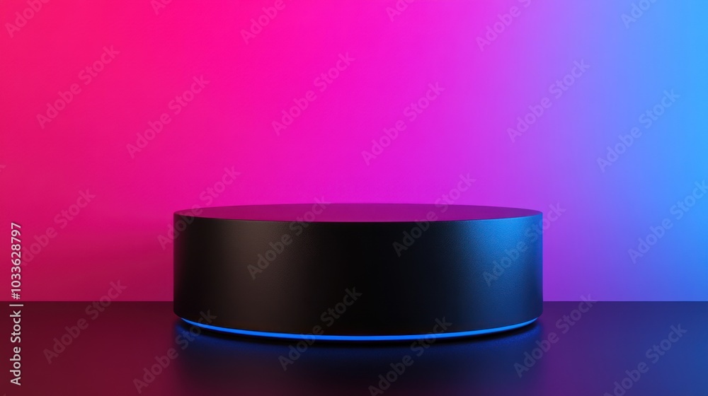 Black Cylinder Podium with Neon Blue Lighting on Pink and Blue Gradient Background Black Cylinder Podium with Neon Blue Lighting on Pink and Blue Gradient Background