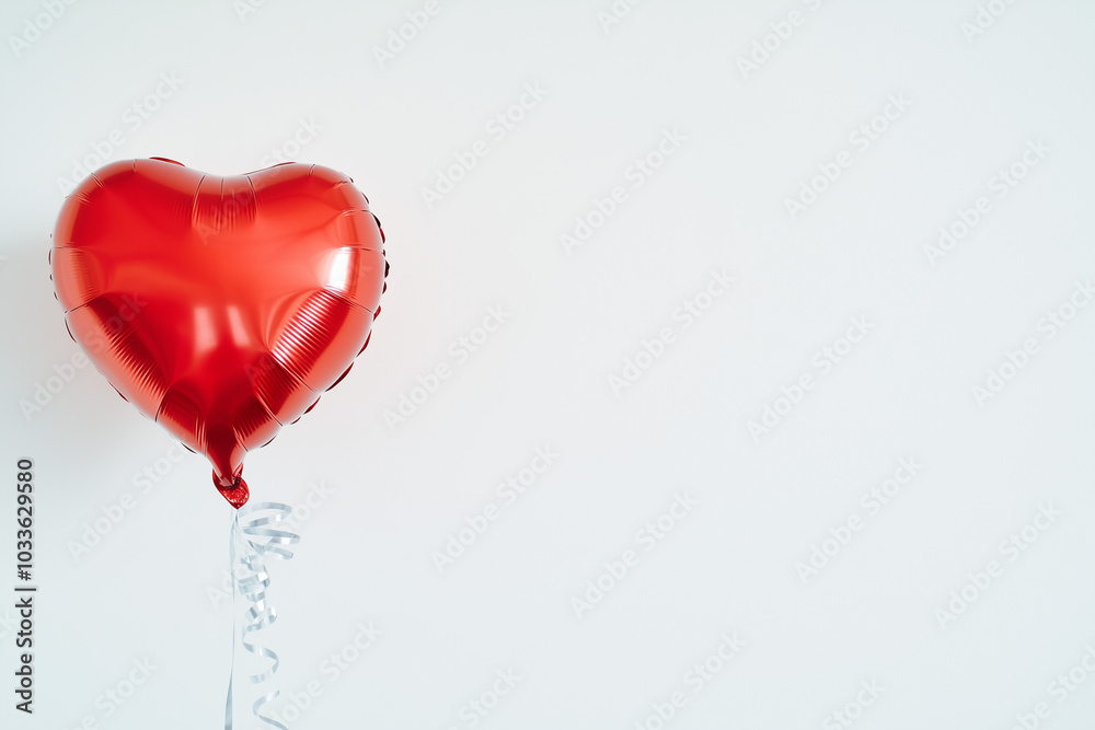 Red heart-shaped balloon with ribbon against white background.