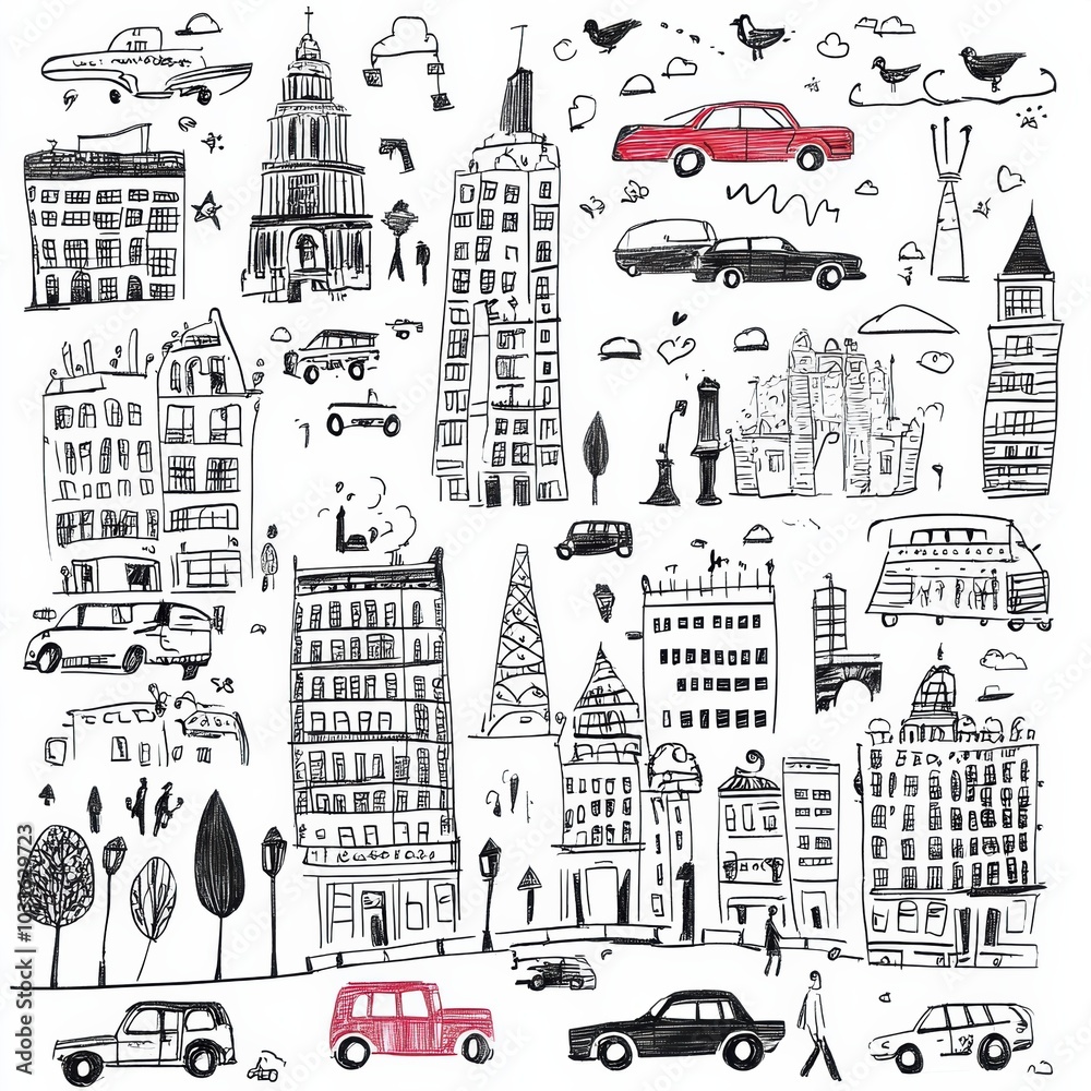 Fototapeta premium Colorful urban doodles depict busy street life with unique buildings, diverse cars, and animated figures interacting throughout the city. Generative AI