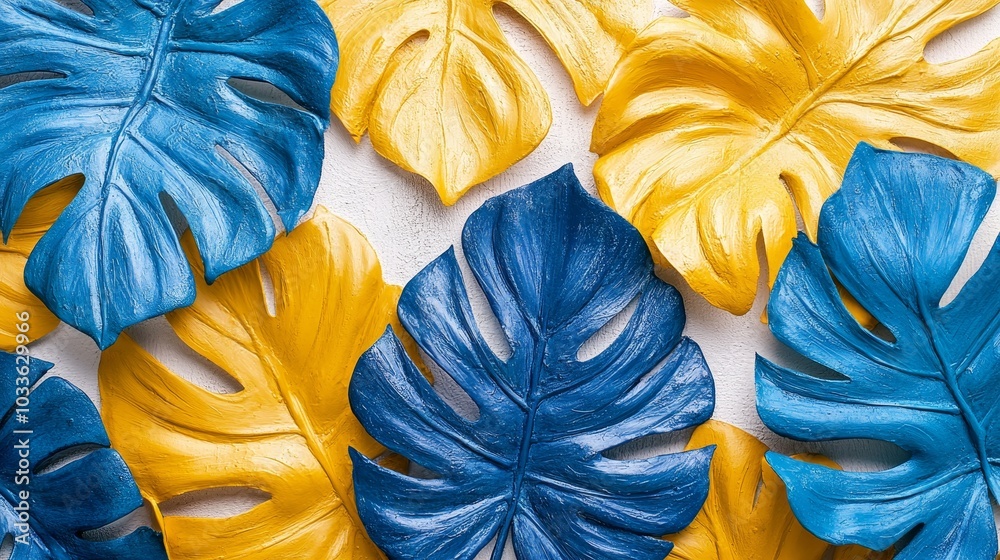 Intricate leaf motifs in vivid blue and yellow hues, isolated on a white canvas, textured background, botanical textures, fine art prints Intricate leaf motifs in vivid blue and yellow hues, isolated on a white canvas, textured background, botanical textures, fine art prints