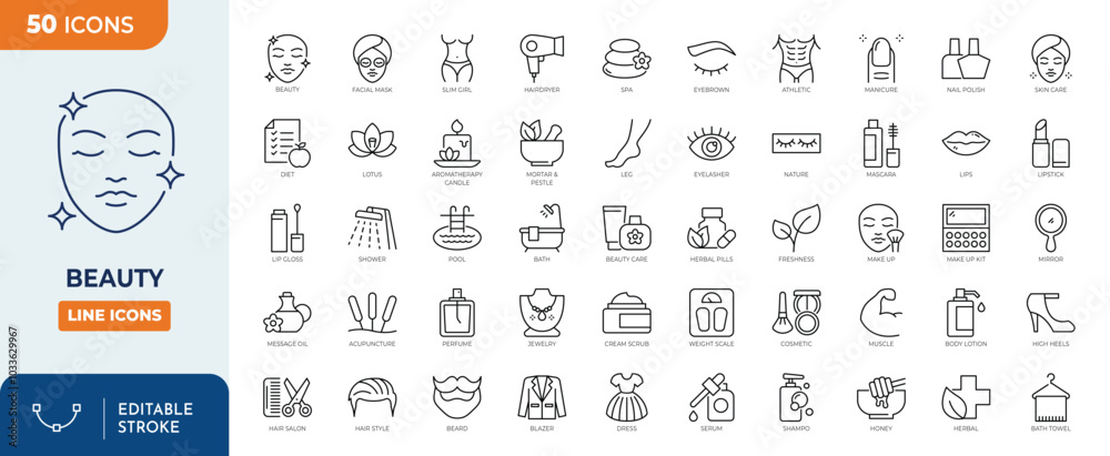 Beauty line editable icon set. Editable stroke. Vector illustration Beauty line editable icon set. Editable stroke. Vector illustration