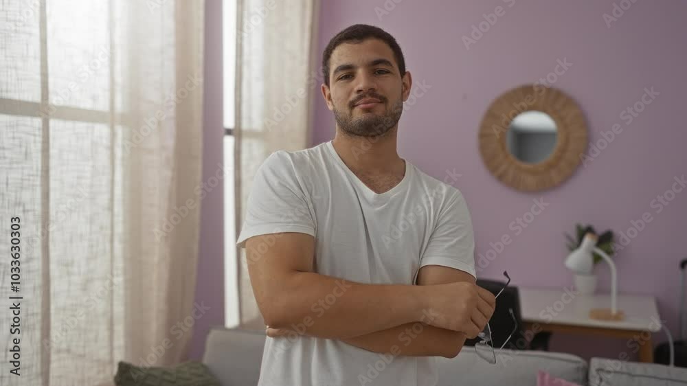 Handsome young hispanic man inside a cozy apartment living room adjusting eyeglasses surrounded by soft natural light and stylish minimalistic decor elements Handsome young hispanic man inside a cozy apartment living room adjusting eyeglasses surrounded by soft natural light and stylish minimalistic decor elements