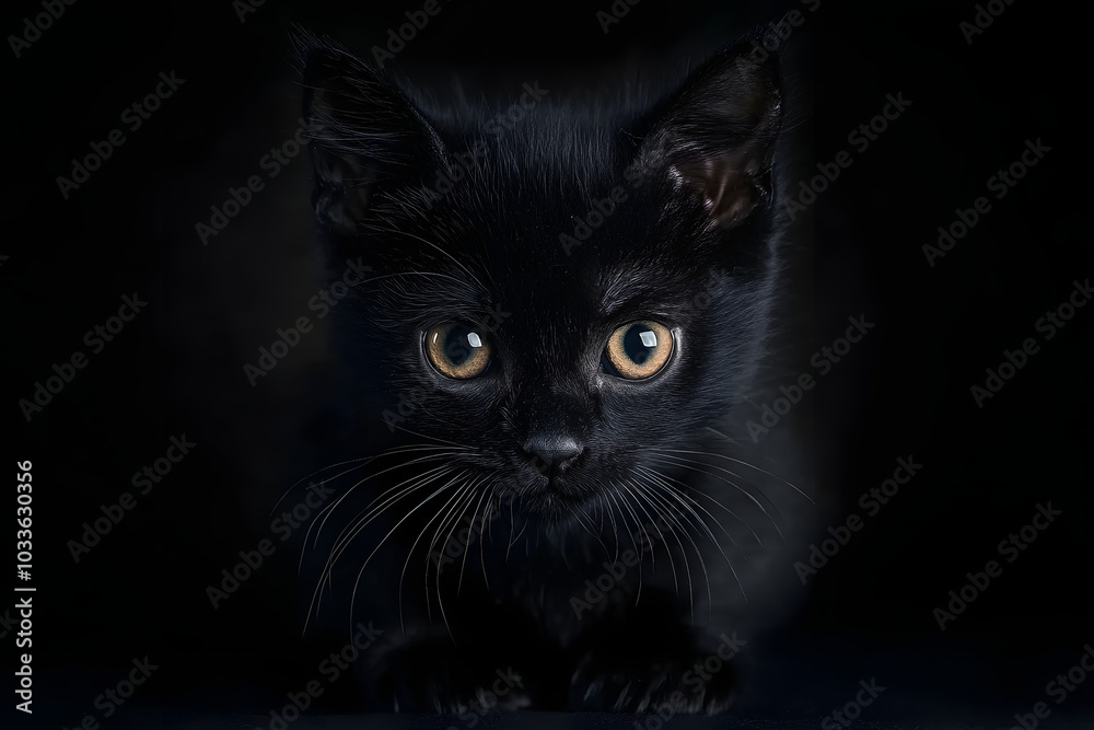 look from the dark, muzzle a cat on a black background, black kitten portrait close-up, friday 13th look from the dark, muzzle a cat on a black background, black kitten portrait close-up, friday 13th