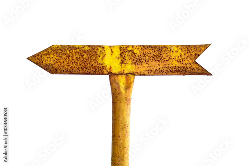 A close-up of a rusty old metal arrow, showcasing its weathered texture and intricate details against a clean white background. The arrow s surface features patches of oxidation and fading paint, high