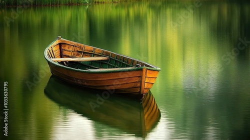 A small wooden boat floats serenely on a still lake, its reflection mirrored in the water.