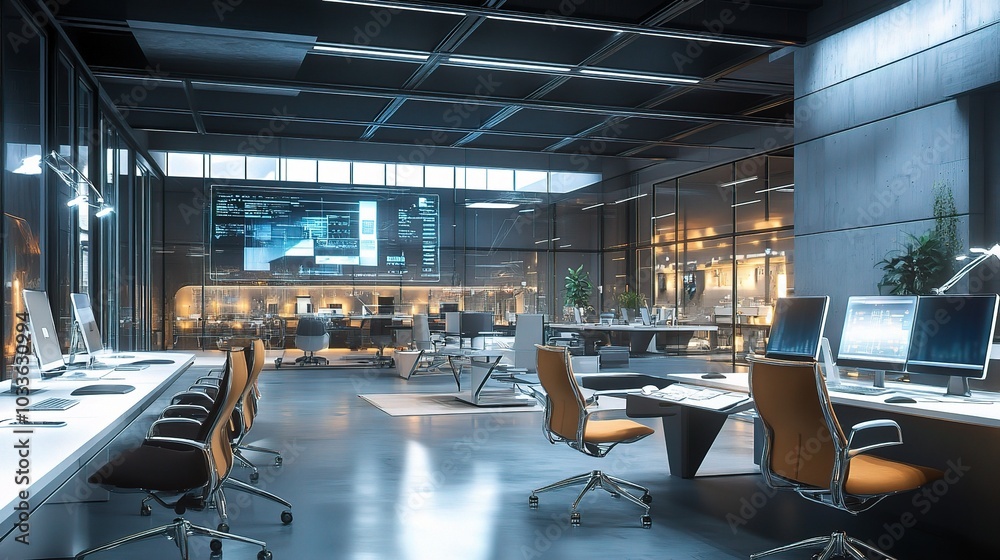 Modern Office Interior with Advanced Technology Setup Modern Office Interior with Advanced Technology Setup