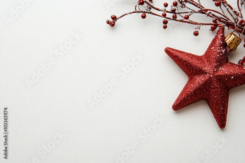 A striking red Christmas star ornament rests alongside decorative berry branches, enhancing the holiday spirit against a pristine background. Perfect for seasonal decor inspiration. photo