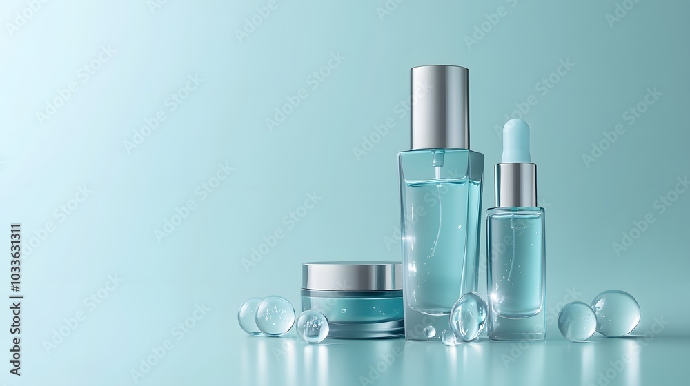 Blue and Silver Skincare Products on a Light Blue Background Blue and Silver Skincare Products on a Light Blue Background
