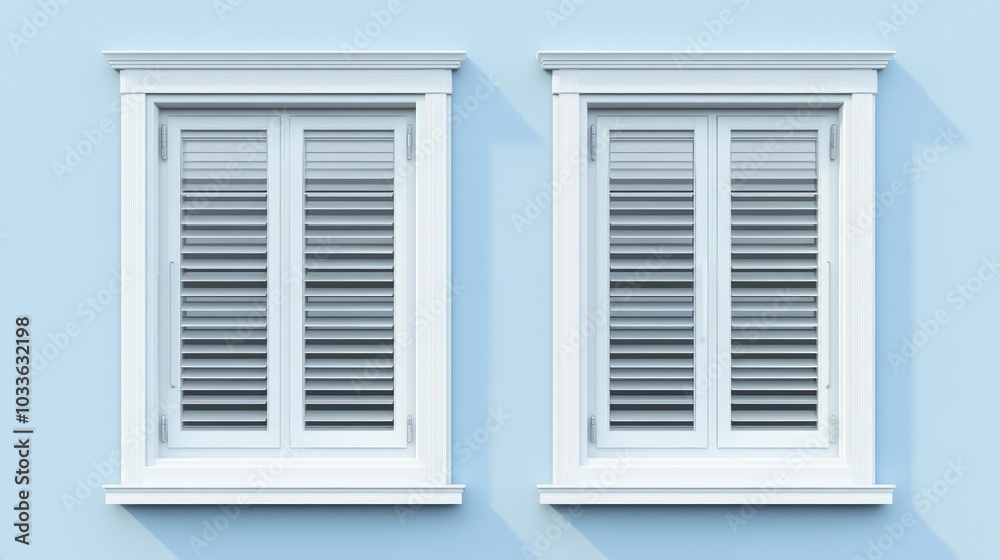 Two White Windows with Shutters on a Light Blue Wall Two White Windows with Shutters on a Light Blue Wall