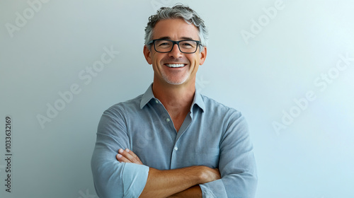 A happy mid-40s man with grey hair and glasses in casual business attire, standing against a white office.