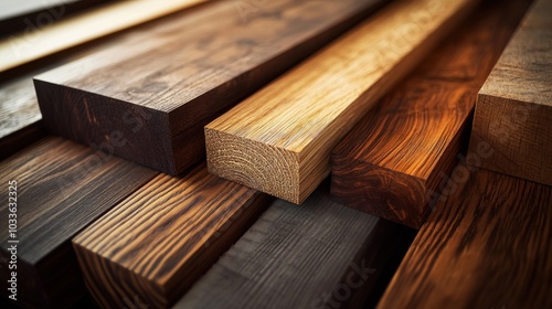 Beautifully arranged stack of various wooden planks showcases rich textures and colors. The natural grains and warm tones highlight the craftsmanship, perfect for any rustic or modern design project.