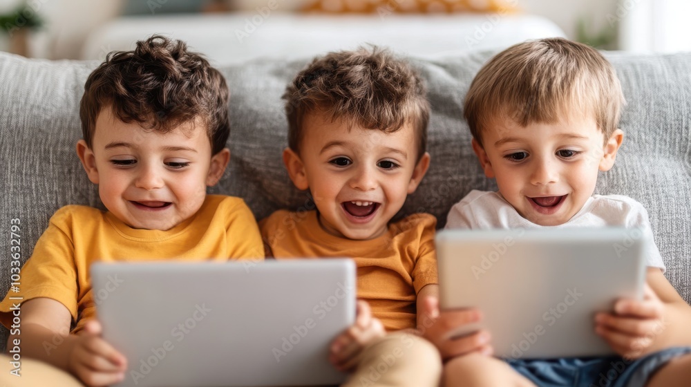 Three excited children are lounging on a sofa, intently engaging with digital tablets, capturing a moment of shared joy, learning, and entertainment in a cozy environment. Three excited children are lounging on a sofa, intently engaging with digital tablets, capturing a moment of shared joy, learning, and entertainment in a cozy environment.
