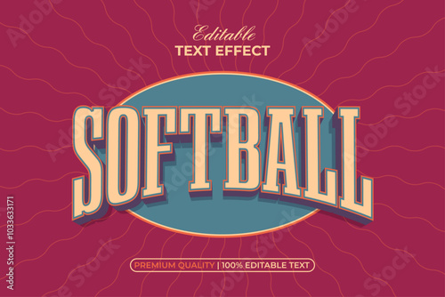 Softball Text Effect 3D Curved Retro Style. Editable Text Effect.