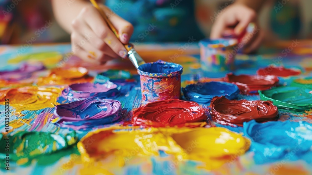 A vibrant image of a person painting, with colorful paint splatters and containers, showcasing creativity and artistic expression. A vibrant image of a person painting, with colorful paint splatters and containers, showcasing creativity and artistic expression.