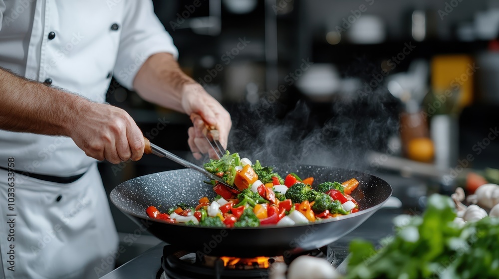 A chef in a bustling professional kitchen stir-fries colorful vegetables in a sizzling wok, using tongs to mix red peppers, broccoli, and greens for a delicious meal. A chef in a bustling professional kitchen stir-fries colorful vegetables in a sizzling wok, using tongs to mix red peppers, broccoli, and greens for a delicious meal.