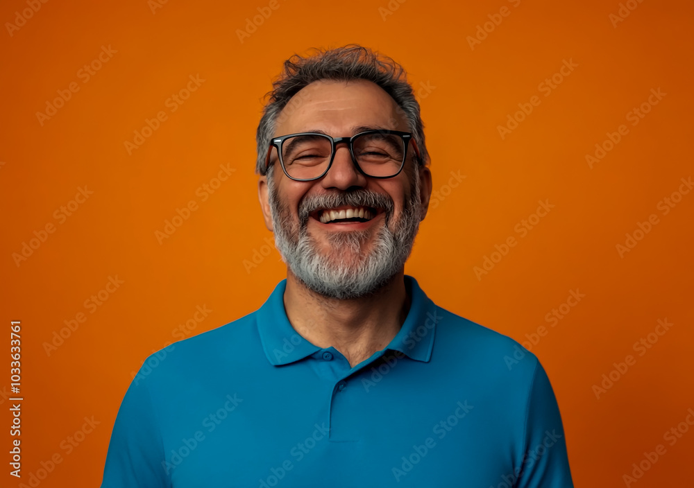 A happy man with glasses and a beard, wearing a blue polo shirt, isolated on an orange background. A happy man with glasses and a beard, wearing a blue polo shirt, isolated on an orange background.