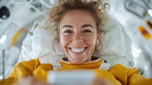 A joyful astronaut with tousled hair smiles widely inside a spacecraft. Clad in a yellow space suit, she holds a smartphone, illustrating connectivity in space. photo