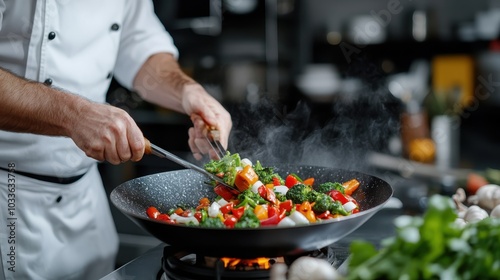 A chef in a bustling professional kitchen stir-fries colorful vegetables in a sizzling wok, using tongs to mix red peppers, broccoli, and greens for a delicious meal. photo