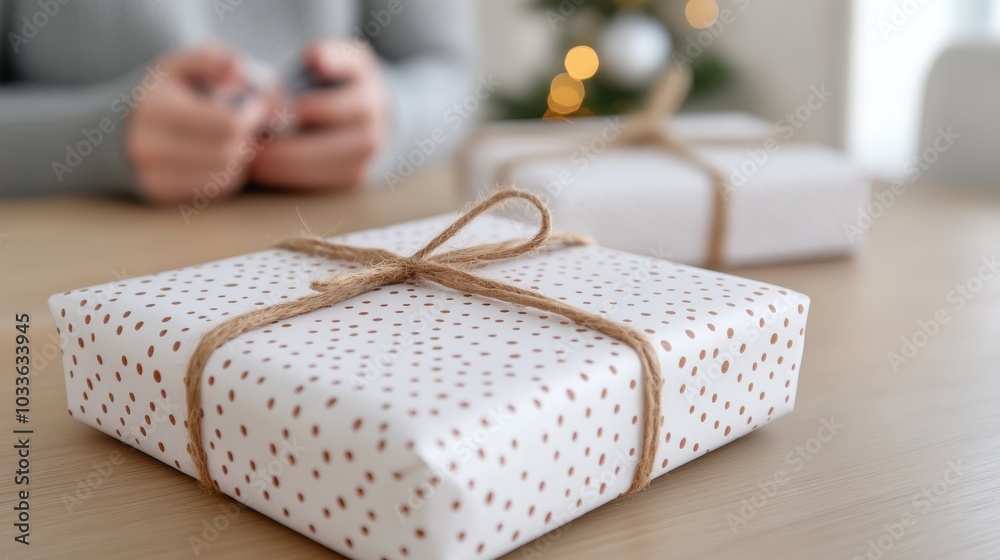 A charmingly wrapped gift in white polka dot paper tied with rustic string rests on a table, embodying a classic and thoughtful presentation style. A charmingly wrapped gift in white polka dot paper tied with rustic string rests on a table, embodying a classic and thoughtful presentation style.