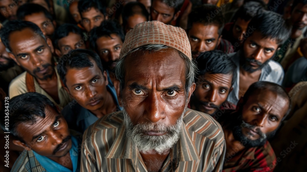 Rohingya refugee men await in line for aid support and relief efforts Rohingya refugee men await in line for aid support and relief efforts