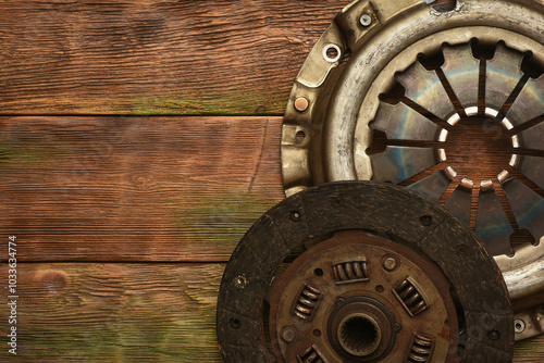 Car clutch basket on the car service workbench background. Top view. Close up.