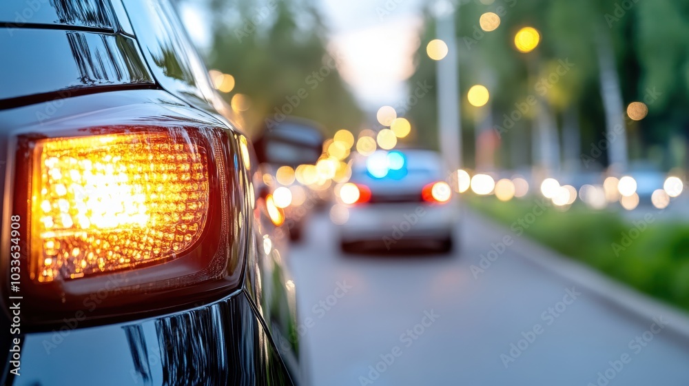 Close-up of a car's turn signal blinking in the evening city traffic, with blurred lights and vehicles in the background, highlighting urban commuting challenges. Close-up of a car's turn signal blinking in the evening city traffic, with blurred lights and vehicles in the background, highlighting urban commuting challenges.