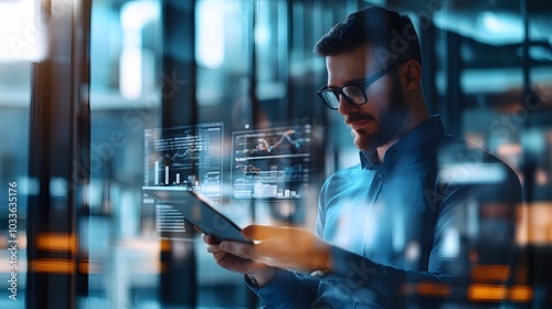 Man with Beard Using Tablet in Front of Glass Windows with Data Visualizations