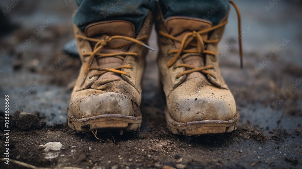 Close-up of worn-out shoes highlighting homelessness and hardship Close-up of worn-out shoes highlighting homelessness and hardship