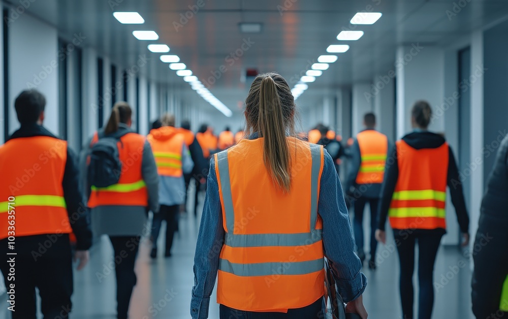 Group of people in orange vests walking down a corridor
