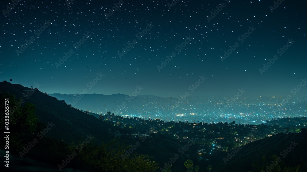 Naklejka premium A serene nighttime view of a cityscape under a starry sky, showcasing urban lights and distant mountains.