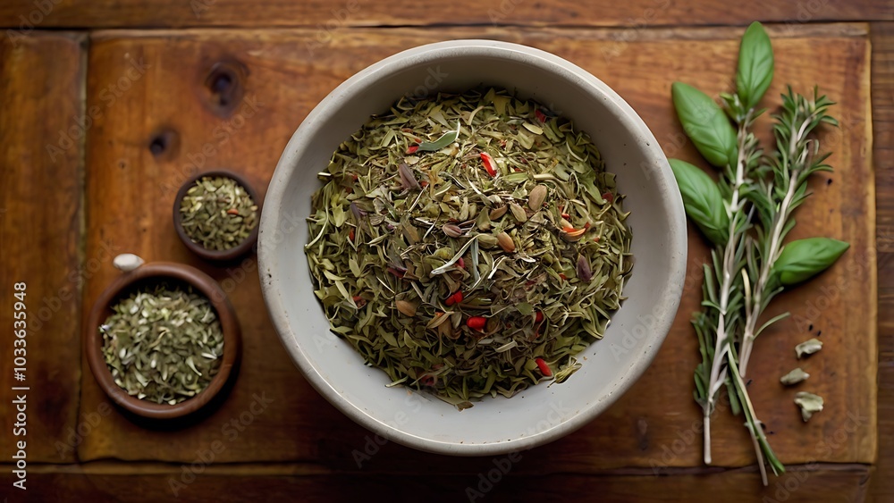 A rustic Italian herb and spice mix with dried oregano, basil, rosemary, and thyme, arranged in a traditional ceramic bowl on a wooden cutting board, capturing the essence of Italian cooking. A rustic Italian herb and spice mix with dried oregano, basil, rosemary, and thyme, arranged in a traditional ceramic bowl on a wooden cutting board, capturing the essence of Italian cooking.