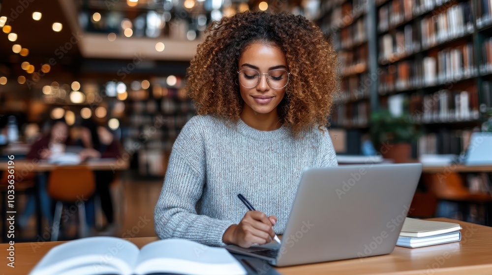 A focused student in glasses studies in a modern library setting with a laptop and book open, exemplifying dedication to learning and academic pursuits. A focused student in glasses studies in a modern library setting with a laptop and book open, exemplifying dedication to learning and academic pursuits.