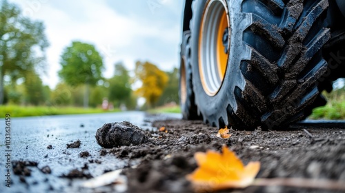 A large tractor tire is depicted up close, rolling through a muddy road, with a focus on the textures of the mud and scattered yellow autumn leaves visible in detail. photo