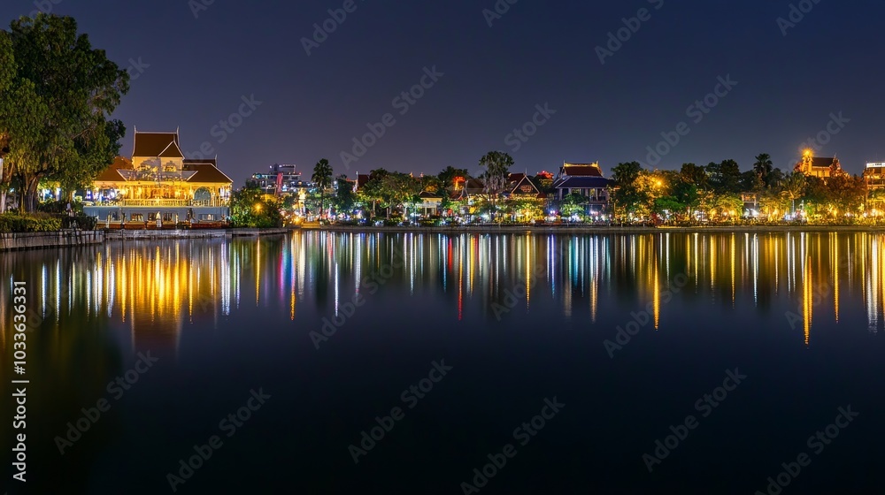 Fototapeta premium A serene night view of a lakeside with illuminated buildings reflecting in the water.