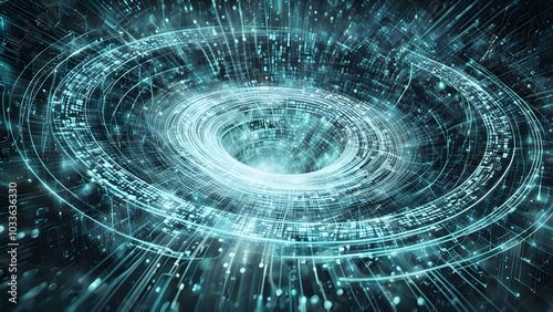 A swirling digital galaxy representation with glowing particles and data streams.