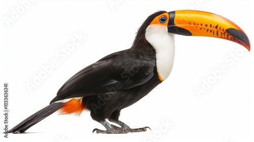 Vibrant toucan perched in profile view displaying colorful beak