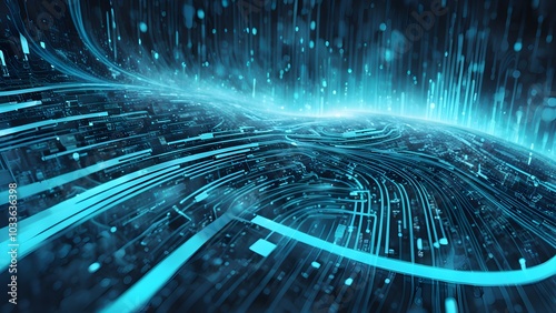 Abstract digital landscape with glowing lines and particles, representing technology and data flow.