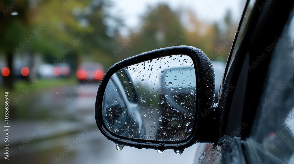 A close-up image showing droplets on a car mirror during a rainy day, highlighting the contrast between the sharp focus on the mirror and blurred background traffic. A close-up image showing droplets on a car mirror during a rainy day, highlighting the contrast between the sharp focus on the mirror and blurred background traffic.