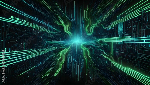 A digital abstract representation of data flow with vibrant lines and a central light source.