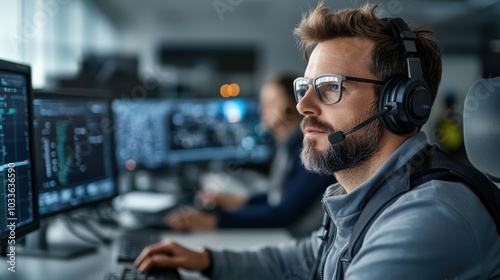 A male professional in a tech hub environment, wearing a headset and engaged with multiple data screens, highlighting focus and technological proficiency.