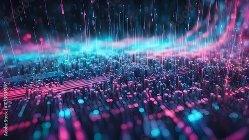 A vibrant digital landscape with glowing elements representing data flow and technology.