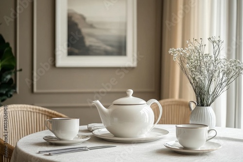 Stylish interior of dining room with family table, rattan chairs, pendatn lamp, plant, tableware, carpet, decoration and elegant accessories, Generative AI