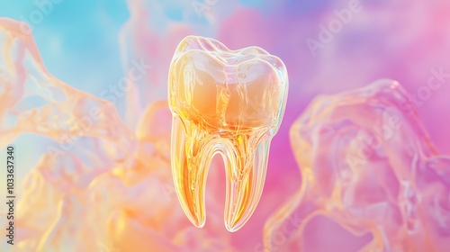 Digital rendering of a tooth with transparent layers, revealing the inner structure of the pulp, dentin, and enamel, floating against a soft, colorful background