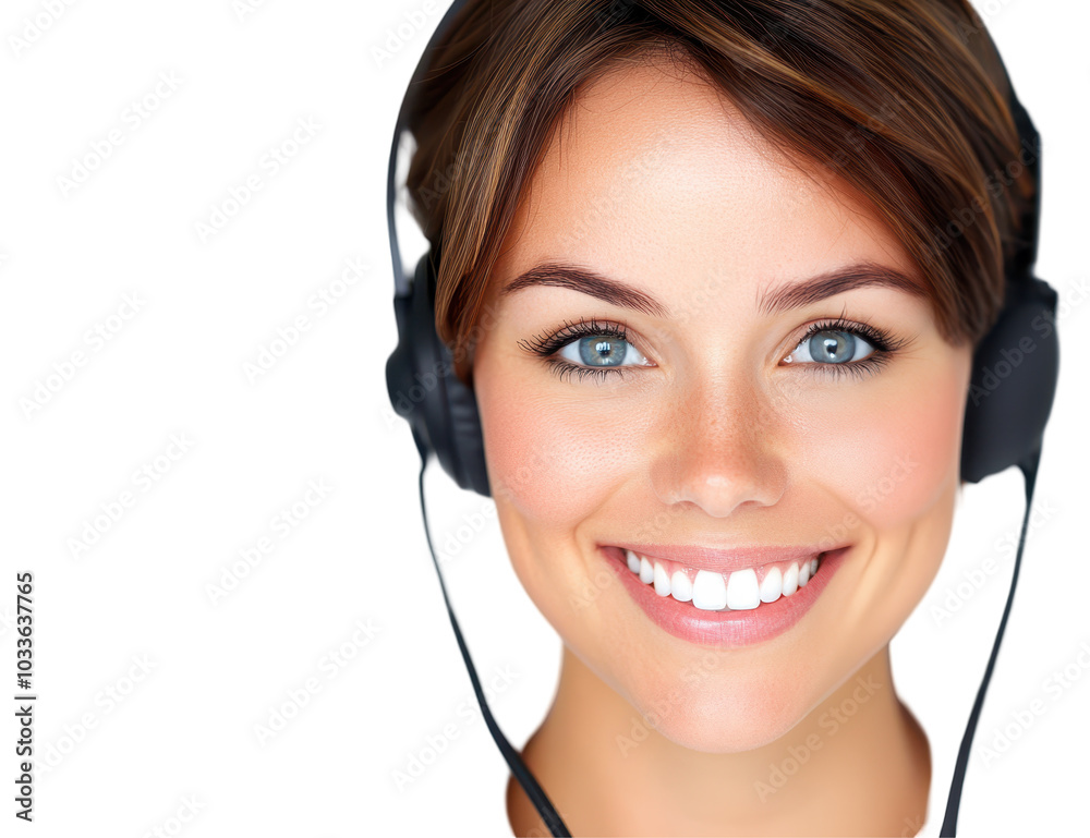 Smiling woman with headset, isolated on white, representing customer service and communication.
Smiling woman with headset, isolated on white, representing customer service and communication.
