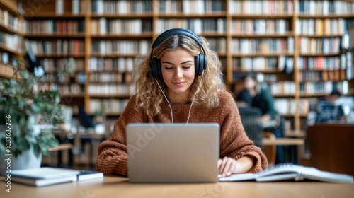 A young woman in a cozy sweater and headphones focuses on her studies using a laptop in a warmly-lit library, surrounded by shelves of books and open notebooks.
