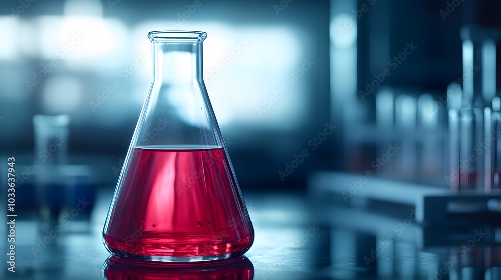 A Single Erlenmeyer Flask Filled with Red Liquid in a Laboratory Setting A Single Erlenmeyer Flask Filled with Red Liquid in a Laboratory Setting
