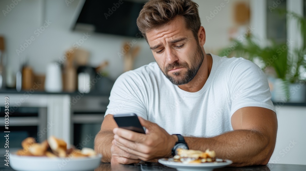 A pensive man in casual attire sits at a table, glancing at his phone, with a cup of coffee and croissant beside him, capturing a quiet morning mood. A pensive man in casual attire sits at a table, glancing at his phone, with a cup of coffee and croissant beside him, capturing a quiet morning mood.