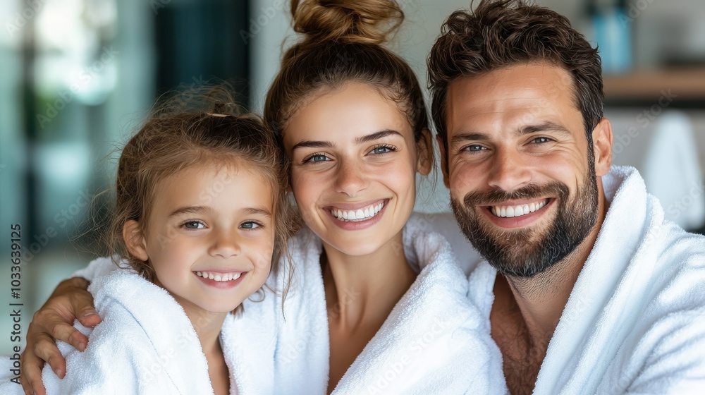 A smiling family of three, with their daughter, is captured in a warm embrace while dressed in soft white bathrobes, embodying love and unity in their home. A smiling family of three, with their daughter, is captured in a warm embrace while dressed in soft white bathrobes, embodying love and unity in their home.